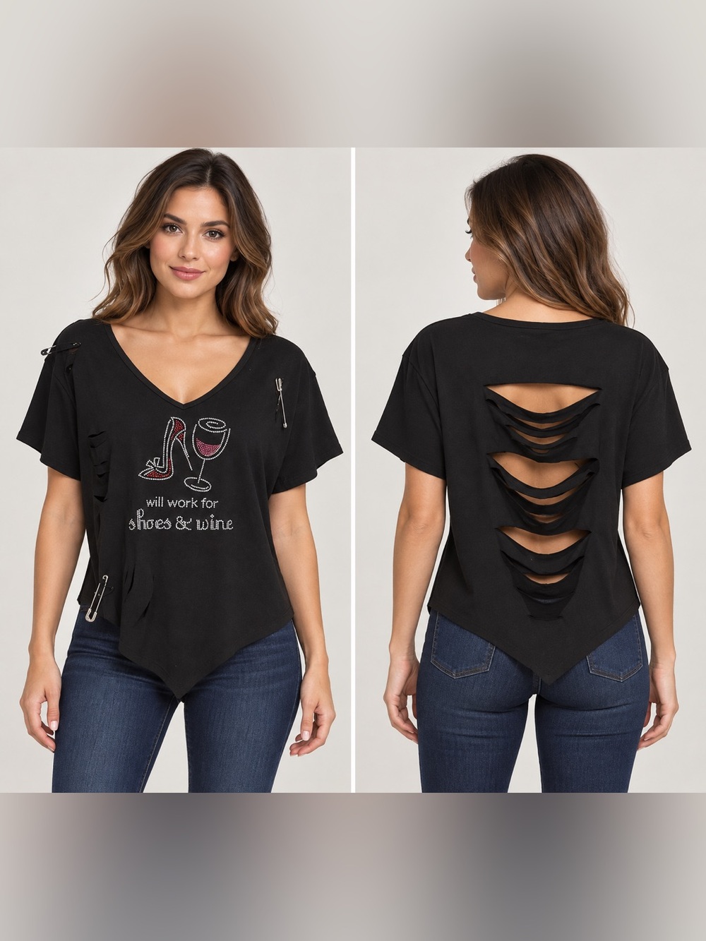 Will Work for Shoes & Wine Black distressed and pin graphic V‑Neck Tee size L